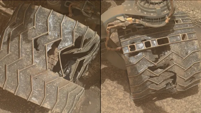 지난 23일 큐리오시티가 자신의 바퀴를 촬영한 사진. NASA/JPL-Caltech/MSSS 제공