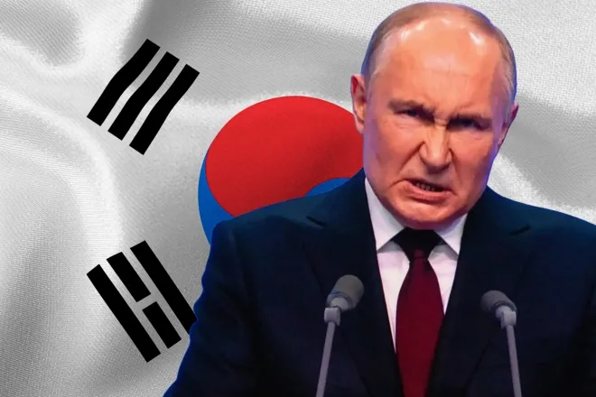블라디미르 푸틴 러시아 대통령. 러시아 현지 언론 방송 캡처, 한국 국기 합성 사진. 123rf.com