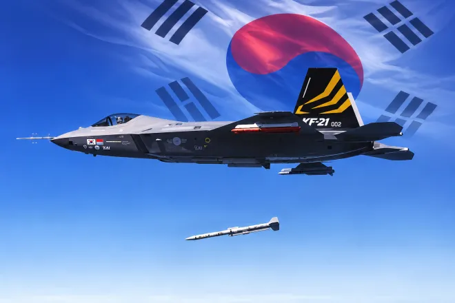 한국항공우주산업(KAI)이 개발한 KF-21 ‘보라매’ 전투기가 비행하는 모습과 장거리 공대공미사일 미티어를 함께 표현한 합성 이미지. 배경에는 태극기를 배치했다. 기사 이해를 돕기 위한 AI 제작 이미지. KF-21 사진 KAI 제공·미사일 사진 123RF