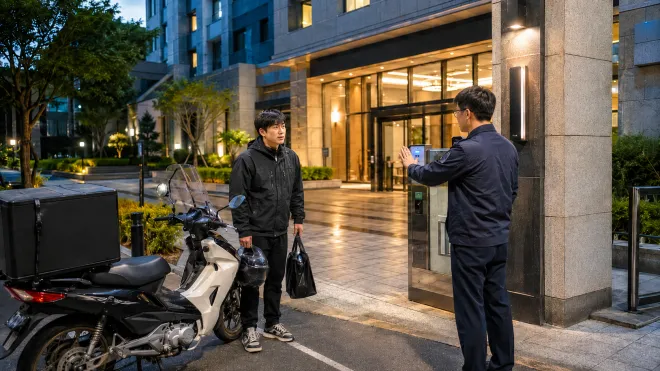 고급 아파트 단지 정문에서 관리직원에게 출입을 제지당하는 배달기사의 모습을 재현한 이미지. 기사 이해를 돕기 위한 AI 제작 이미지로 특정 인물이나 아파트와 관계없음