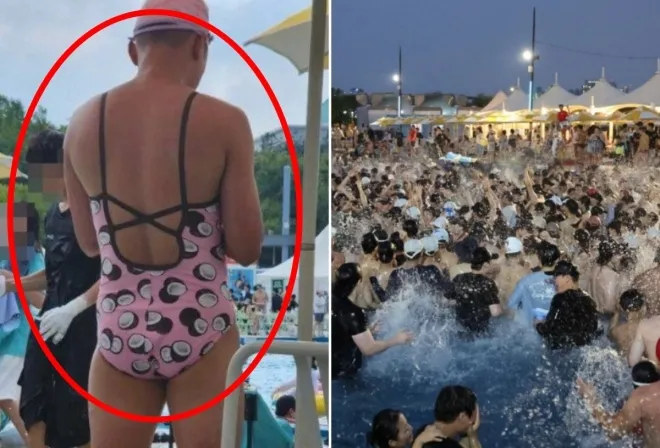 지난 2일 한강 수영장에서 포착된 이용객의 모습. 최초 게시자는 해당 이용객이 남성이라고 주장했다(왼쪽), 지난달 17일 오후 서울 여의도 한강 수영장을 찾은 시민들이 음악에 맞춰 물보라를 일으키며 더위를 식히고 있다. 뉴시스