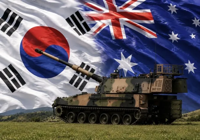 2025년 12월 1일 호주 빅토리아주 퍼카푸냐에서 포병학교와 호주 왕립 포병 제4연대가 실사격 훈련을 실시한 모습. 한화에어로스페이스의 K9 기반의 신형 AS9 헌츠맨 자주포가 호주 영토에서 호주 군인에 의해 처음으로 발사된 사례. 호주 국방부. AI 생성 이미지