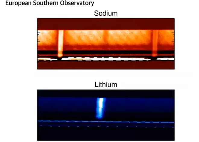 충돌 과정에서 생긴 먼지 기둥에서 나트륨(Sodium)과 리튬(Lithium) 가스의 스펙트럼선(화학적 지문). ESO 제공