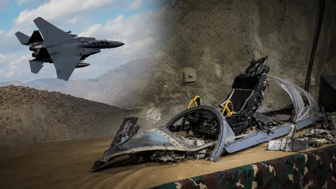 지난 4월 이란 상공에서 격추된 미 공군 F-15E 스트라이크 이글의 비행 모습(왼쪽)과 이란이 지하 시설에 전시한 것으로 공개한 기체 잔해를 함께 구성한 AI 합성 이미지. 로이터·이란 국영매체 캡처