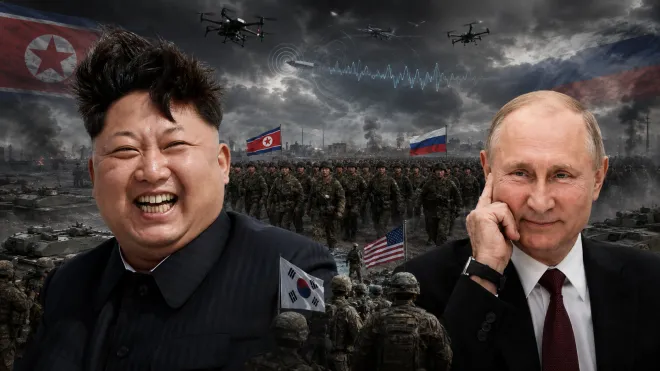 북한군이 러시아 파병을 통해 습득한 드론·전자전 등 현대전 경험과 이에 대비하는 한미 연합훈련을 표현한 합성 이미지. 왼쪽은 김정은 북한 국무위원장, 오른쪽은 블라디미르 푸틴 러시아 대통령으로, 뒤로 북한군 병력과 드론, 한미 병력 및 러시아·북한 국기를 배치했다. 기사 이해를 돕기 위한 AI 제작 이미지. 로이터·타스 연합뉴스
