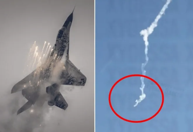 왼쪽은 MiG-29 전투기 자료사진, 오른쪽은 10일 우크라니아 오데사 지역에서 작전 중이던 전투기가 추락하는 모습. 엑스 캡처