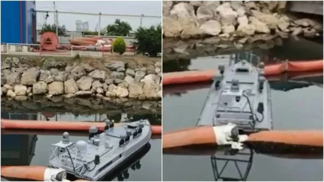 루마니아 콘스탄차 흑해 항구에서 발견된 폭발 전 우크라이나 해상 드론 모습