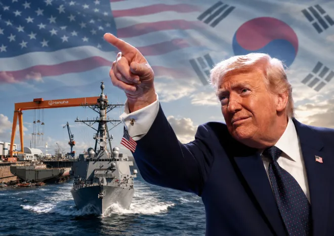 도널드 트럼프 미국 대통령이 2026년 3월 9일(현지시간) 미국 플로리다주 마이애미에서 연설을 마친 뒤 제스처를 취하고 있다. 한화필리조선소와 미 해군 구축함 ‘USS 잭 H. 루카스(DDG-125)’, 태극기·성조기 이미지를 합성해 제작했다. 로이터·한화·미 해군·123RF 자료사진