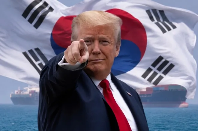 2026년 5월 2일(현지시간) 이란 반다르압바스 인근 호르무즈 해협에 컨테이너선 등 선박들이 떠 있다. 도널드 트럼프 미국 대통령 합성 사진. AP 연합뉴스, AI 합성 이미지