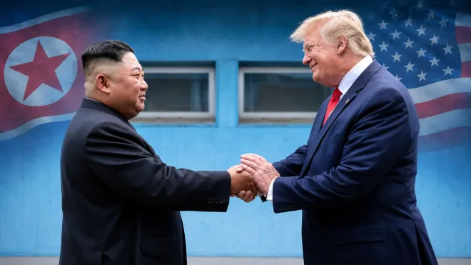 도널드 트럼프(오른쪽) 미국 대통령이 2019년 6월 30일 판문점에서 김정은 북한 국무위원장과 만나 악수하는 모습을 바탕으로 재구성한 합성 이미지. 최근 트럼프 대통령이 연내 김 위원장과의 대면 회담을 추진하는 것으로 알려지면서 북미 정상 간 재회 가능성에 관심이 쏠리고 있다. 연합뉴스 자료사진·AI 합성 이미지