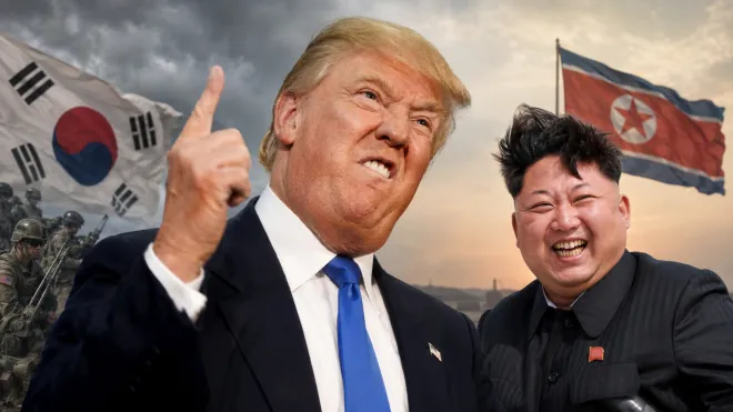 도널드 트럼프(왼쪽) 미국 대통령과 김정은 북한 국무위원장의 사진을 바탕으로 재구성한 합성 이미지. 트럼프 대통령이 한국에는 한미연합훈련 축소 압박 등 불만을 드러내는 반면, 김 위원장에게는 연내 회담을 추진하는 등 우호적 태도를 보이면서 ‘거꾸로 외교’ 논란이 커지고 있다. 연합뉴스 자료사진·AI 합성 이미지