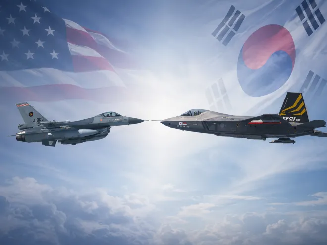 네덜란드 공군이 운용하는 F-16 전투기(왼쪽)와 KF-21 전투기의 무장비행 시험 장면을 합성한 사진. 로이터 연합뉴스·KAI 제공