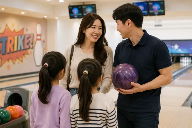 기사 내용과 관련해 AI로 생성한 이미지. 볼링장에서 여성과 남성, 두 아이가 함께 있는 장면을 통해 사연의 상황을 재구성했다.