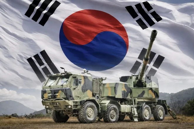 한화에어로스페이스의 K9MH 차륜형 자주곡사포. AI 생성 이미지