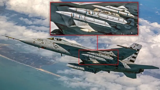 미 해군 F/A-18E 슈퍼호넷에 장착된 신형 장거리 공대공미사일 AIM-424 ‘맬리스’. 기체에는 AIM-424 4발이 외부 장착돼 있으며, 확대 사진에서 미사일의 크기와 형태를 확인할 수 있다. 미 해군 제공