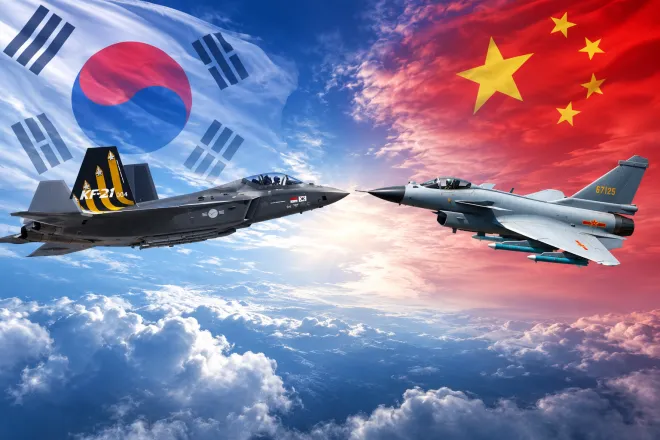 한국형 전투기 KF-21 보라매(왼쪽)와 중국 J-10C 전투기를 태극기와 오성홍기 배경에 합성한 AI 생성 이미지. 자료사진