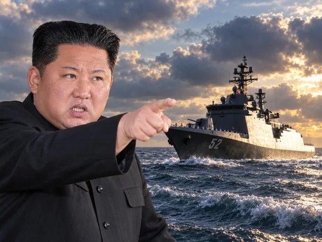 김정은 북한 국무위원장과 5000t급 신형 구축함 ‘강건호’를 조합한 AI 합성 이미지. AP·연합뉴스, 조선중앙통신 홈페이지 캡처