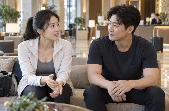 여성 트레이너와 남편의 호텔 동행 의혹을 다룬 사연의 이해를 돕기 위한 AI 생성 이미지. 실제 인물·장소와 관계없으며, 실제 장면을 재현한 것은 아니다.