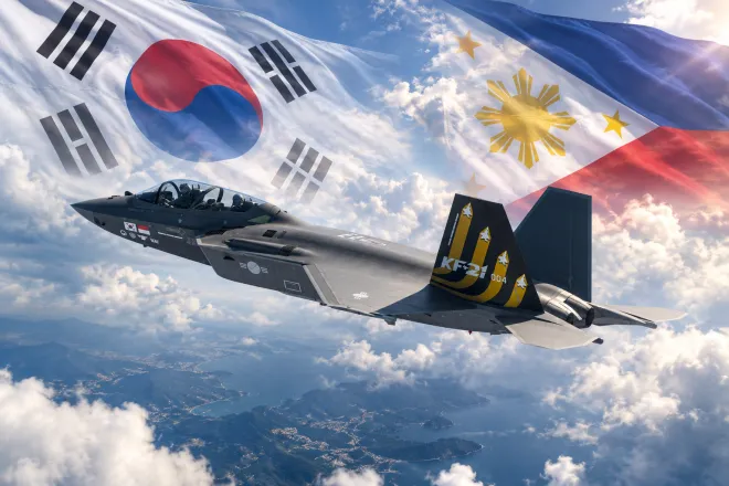 한국형 전투기 KF-21 ‘보라매’가 시험비행하고 있다. 필리핀은 공군 현대화를 위해 다목적전투기(MRF) 도입을 추진 중이며, KF-21도 후보 기종에 올라 있다. 필리핀에서 필요한 최소 전력 규모로 40대가 거론되는 가운데 KF-21 단일 기종 도입 가능성도 제기됐다. KAI 제공·AI 합성 이미지