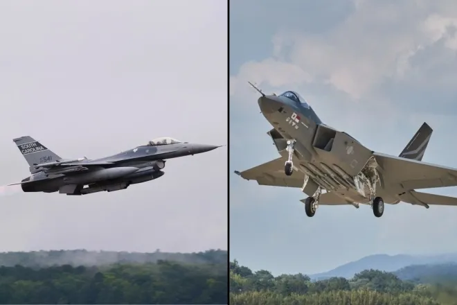 필리핀 다목적전투기(MRF) 사업에서 경쟁 후보로 거론되는 미국 F-16 계열 전투기(왼쪽)와 한국 KF-21 ‘보라매’. 필리핀은 KF-21과 F-16V를 비롯해 라팔, 그리펜, 유로파이터 타이푼 등 여러 기종을 검토하고 있다. KAI·미 국방부 자료사진
