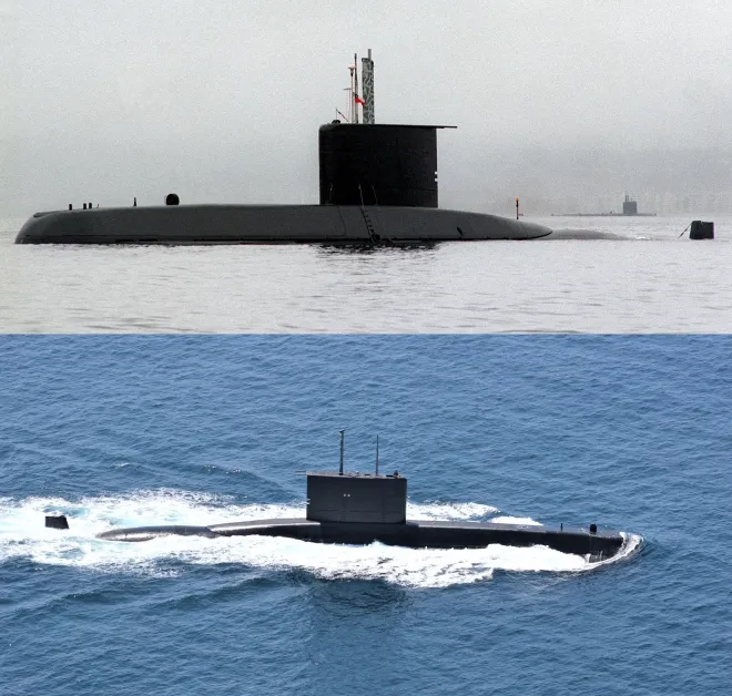 칠레 해군이 운용하는 독일제 209/1400L급 잠수함 ‘톰슨’(SS-20·위)과 동급 ‘심슨’(SS-21·아래). 두 잠수함은 1984년 취역해 운용 기간이 40년을 넘기면서 차세대 잠수함 교체 대상으로 거론되고 있다. 미 해군·퍼블릭 도메인